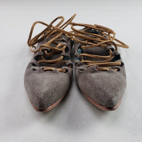 Freebird Enya Lace Up Flat Women 9 Beige Leather Boho Ankle Tie Pointed Toe Shoe - Picture 6 of 15